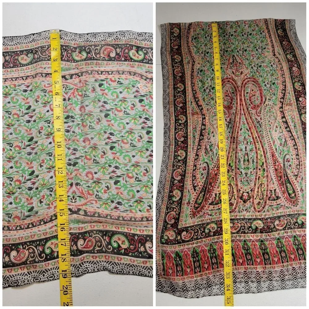 Silk Chiffon Red Green Paisley Patterned Scarf Head Wrap Belt